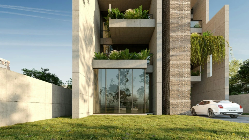 Modern building with glass entrance and balconies